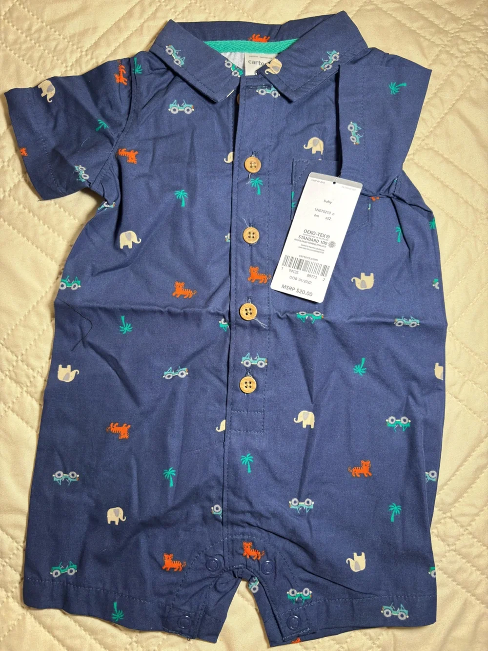Carter's 6M Navy Short-Sleeve Animal & Vehicle Romper with Orange Accents